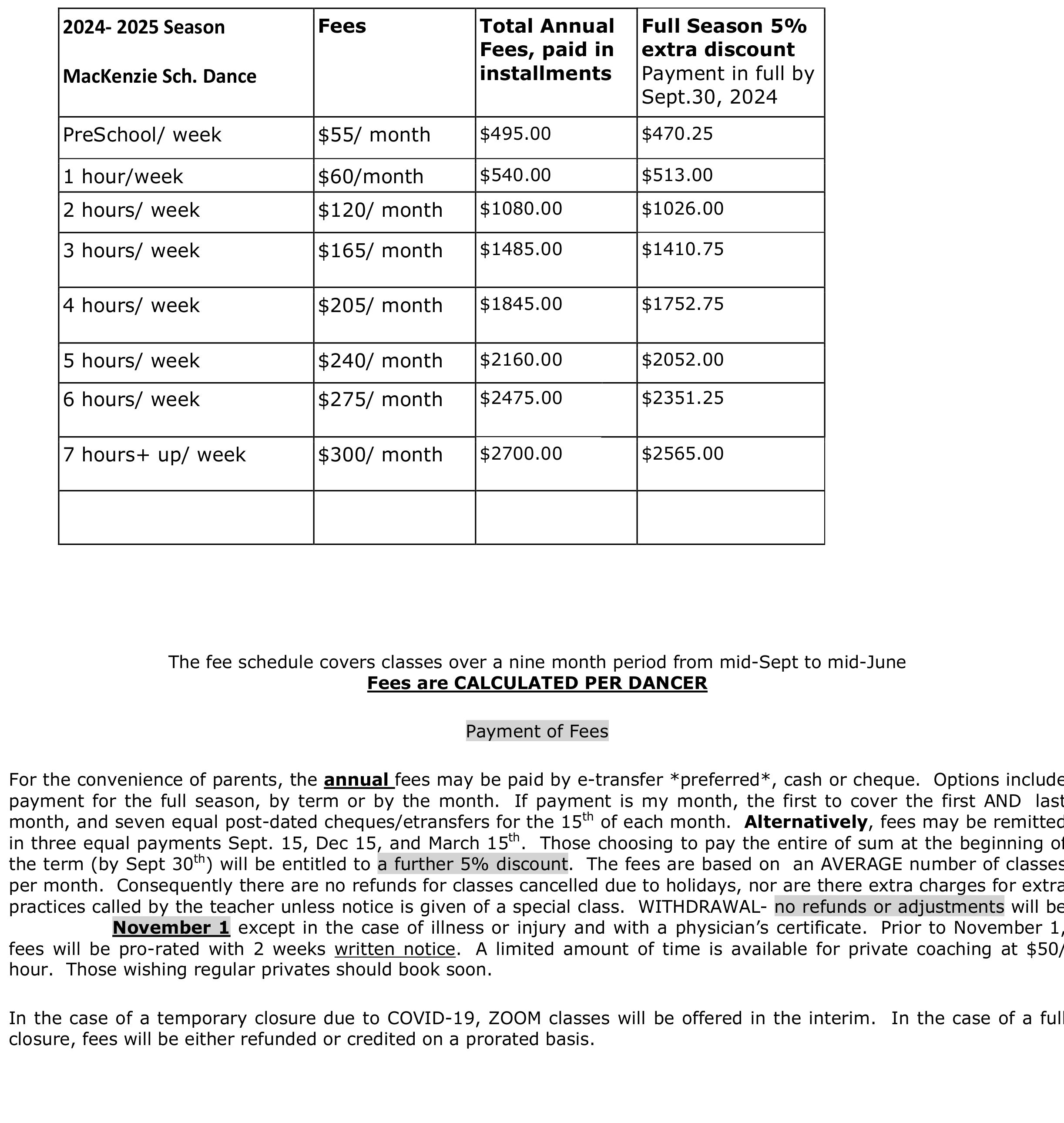 fee schedule 2425